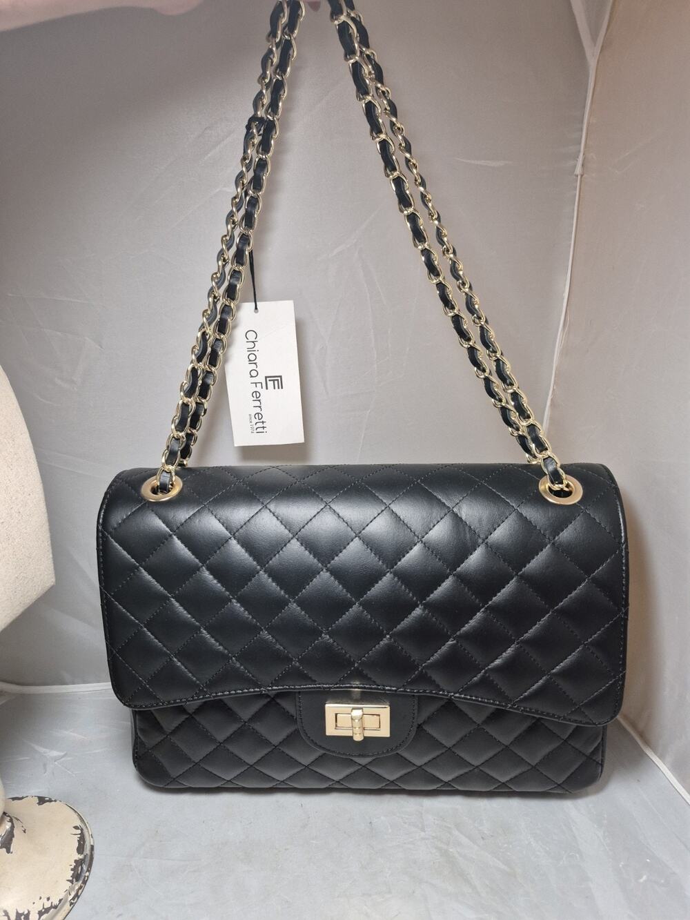 💥 Chiara Ferretti Black Quilted Genuine Leather Flap Jumbo Bag Chain SOLD OUT